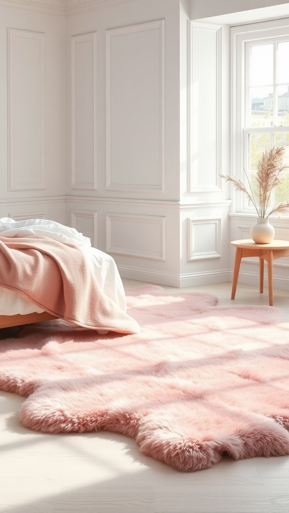 A soft, fluffy pink throw rug in a bright, airy bedroom with white walls and natural light.