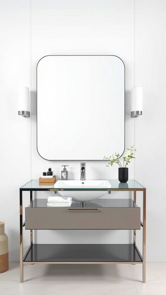 Modern bathroom vanity made of glass and metal with a round mirror and stylish accessories.