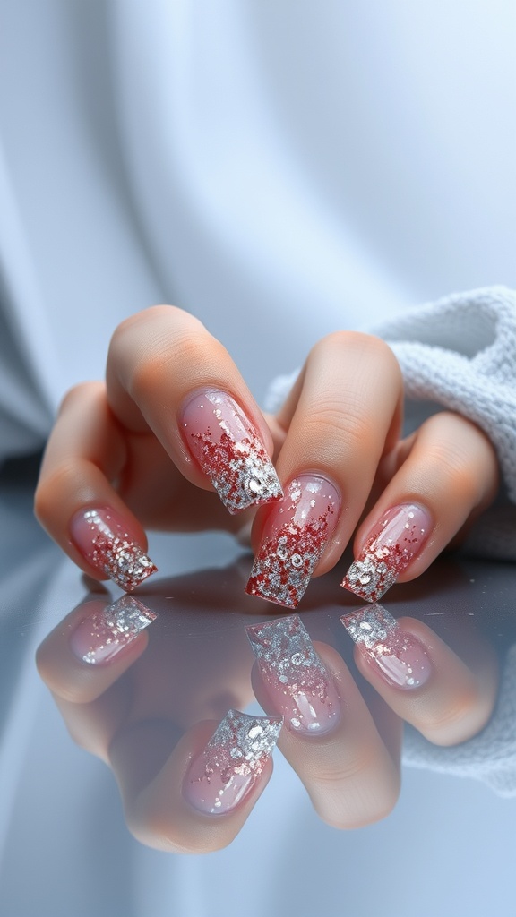 Acrylic nails with glitter tips in pink and silver