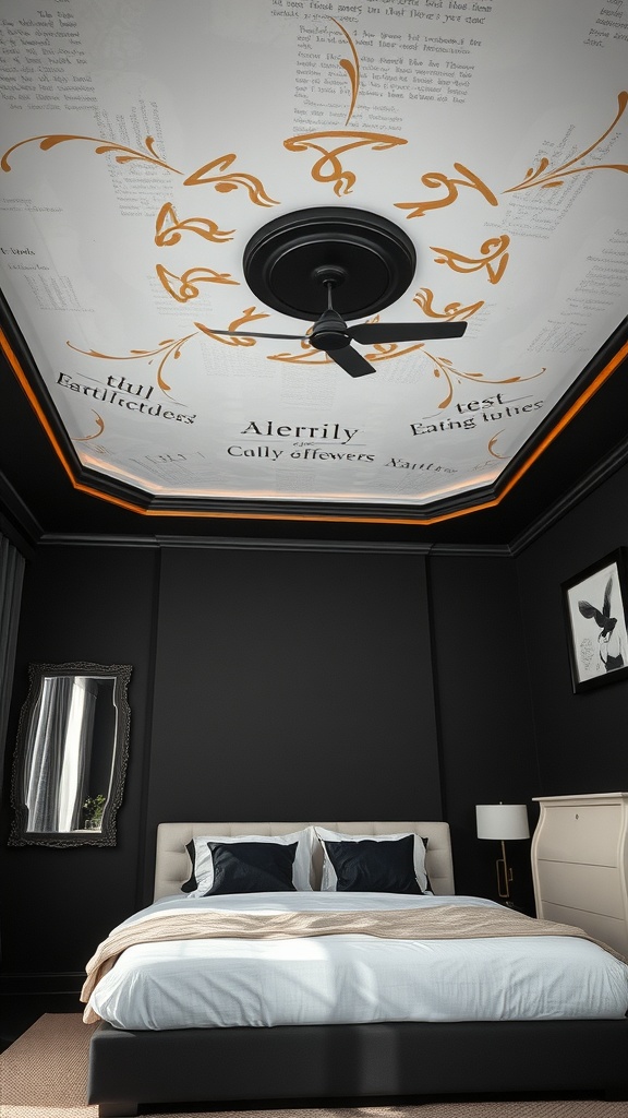 A stylish black and gold bedroom featuring a gold accented ceiling design.