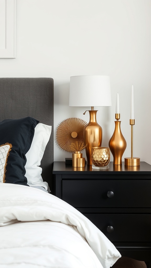 A stylish black nightstand with gold decorative accessories including a lamp, candlesticks, and decorative objects.