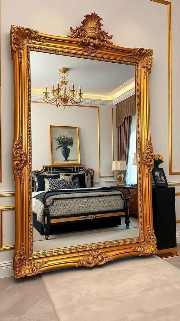 A large ornate gold framed mirror reflecting a stylish black and gold bedroom.