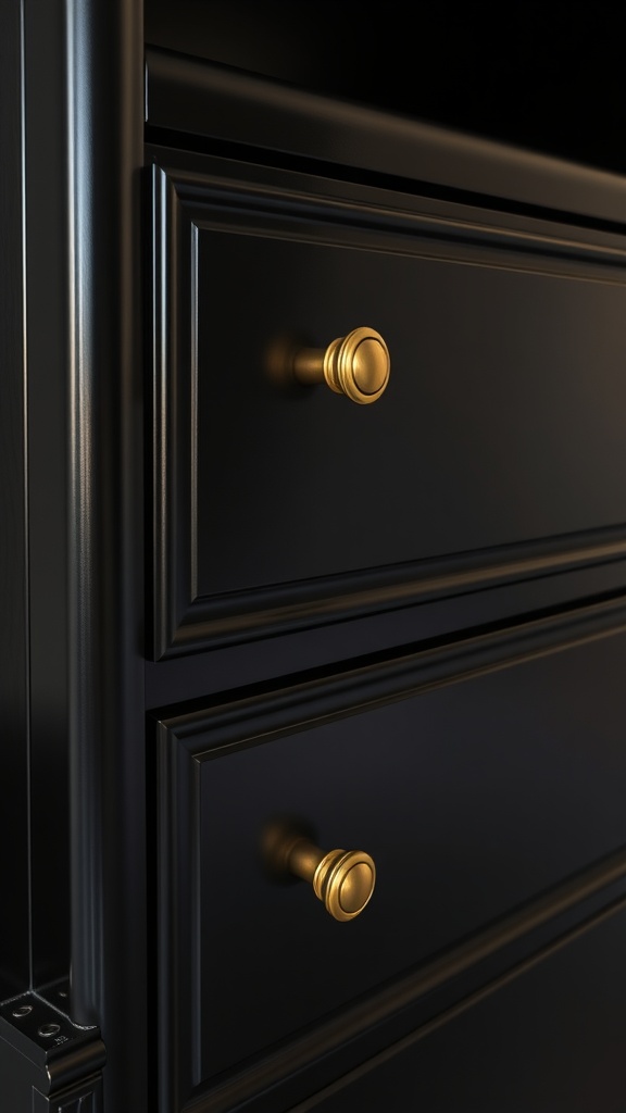 Close-up of a black drawer with a gold knob