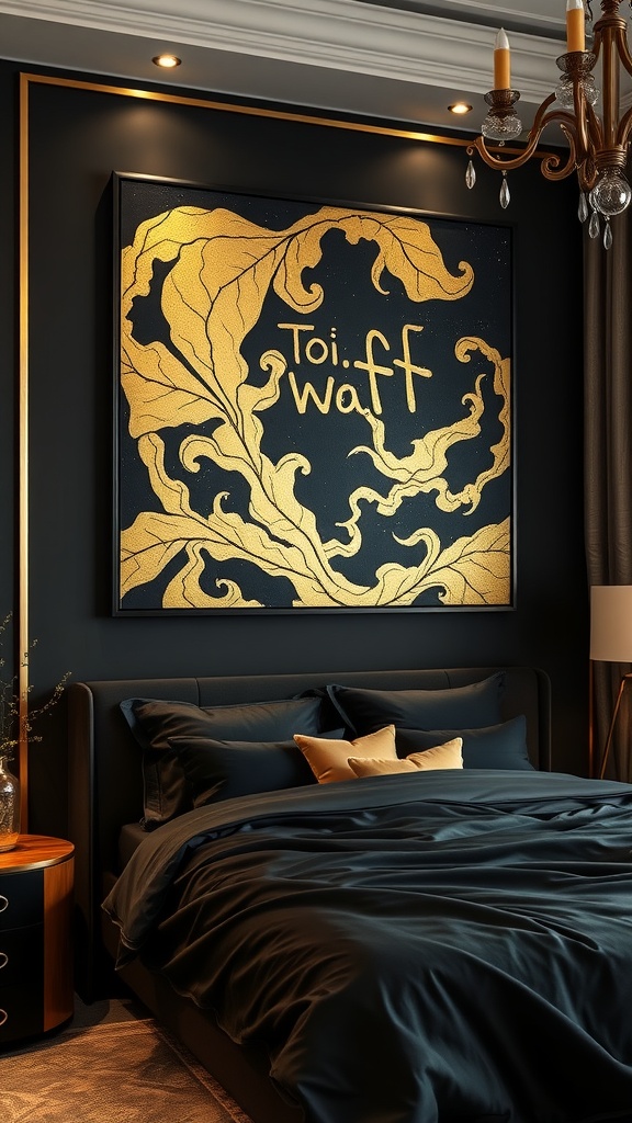 A luxurious black and gold bedroom featuring gold leaf wall art with intricate designs.