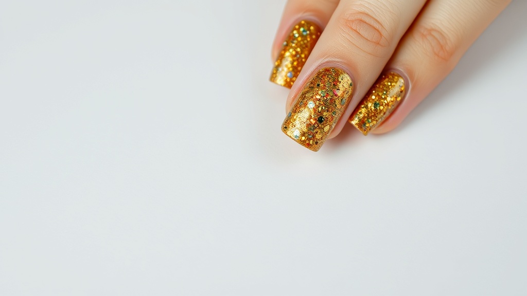 Close-up of a hand with golden glitter nails on a white background.