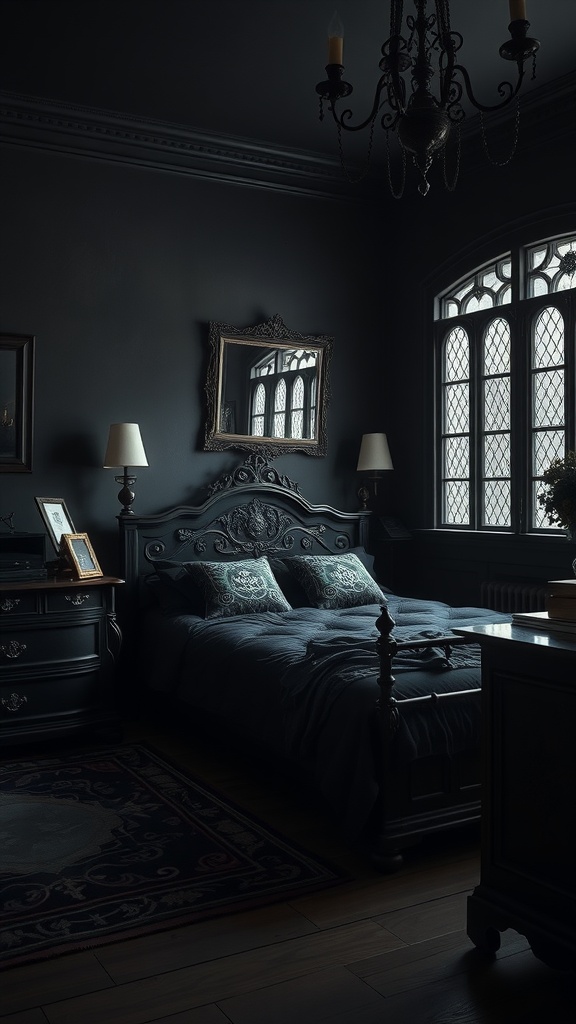 A gothic-style bedroom featuring dark walls, ornate furniture, and black sheets on the bed.