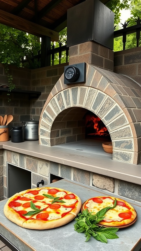 A gourmet pizza oven with two pizzas on a stone surface, featuring fresh basil leaves.