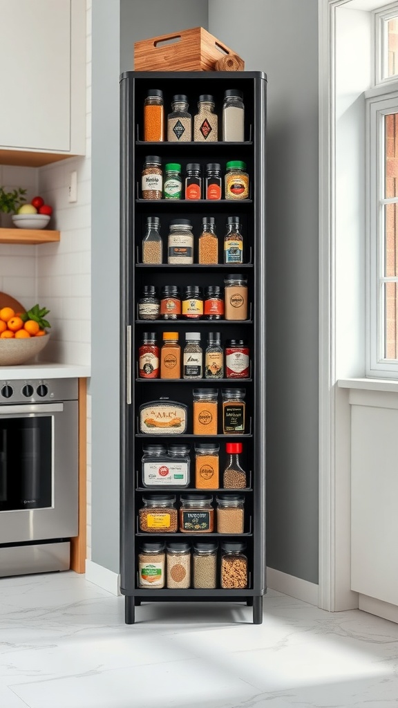 A tall, organized spice rack filled with a variety of spice jars in a modern kitchen.