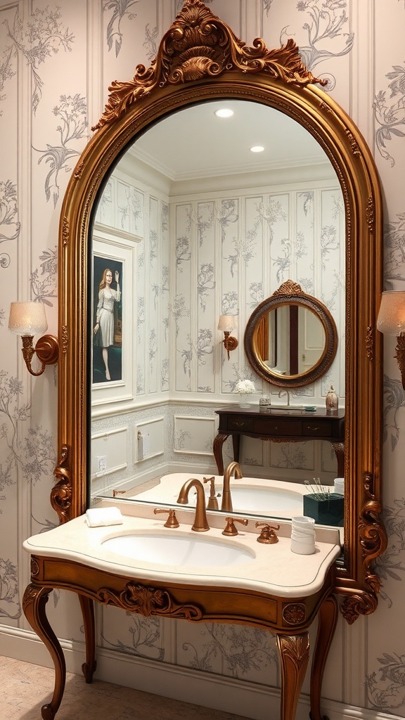 A luxurious bathroom featuring a large ornate golden mirror above a marble sink, with floral wallpaper and elegant lighting.