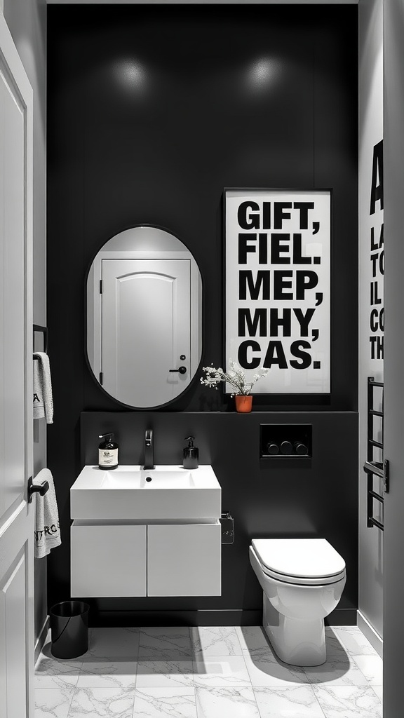 A stylish black and white bathroom featuring graphic wall art and modern fixtures.