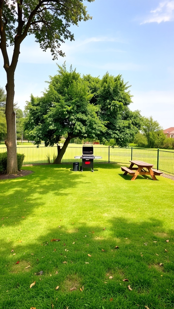 An outdoor grassy area featuring a grill and a picnic table surrounded by trees.