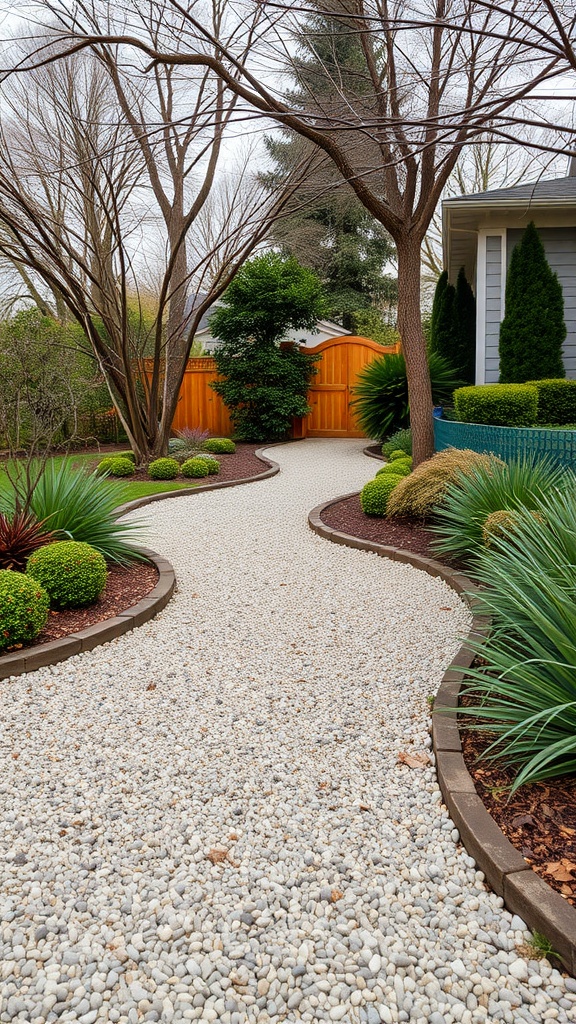 Curved gravel pathway surrounded by landscaped plants and trees