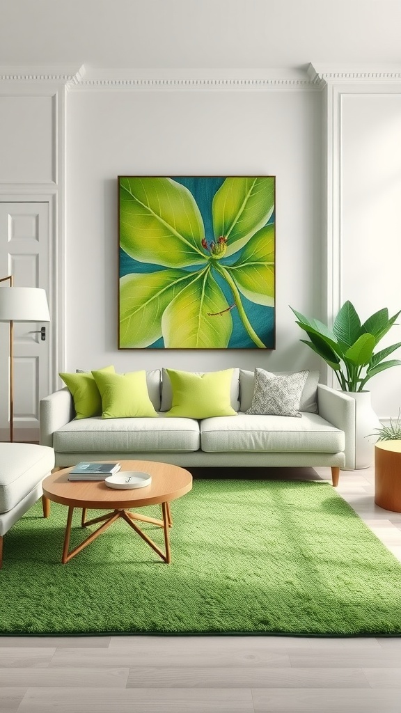 A bright living room featuring a green rug, green cushions on a light couch, and a large leaf painting on the wall.