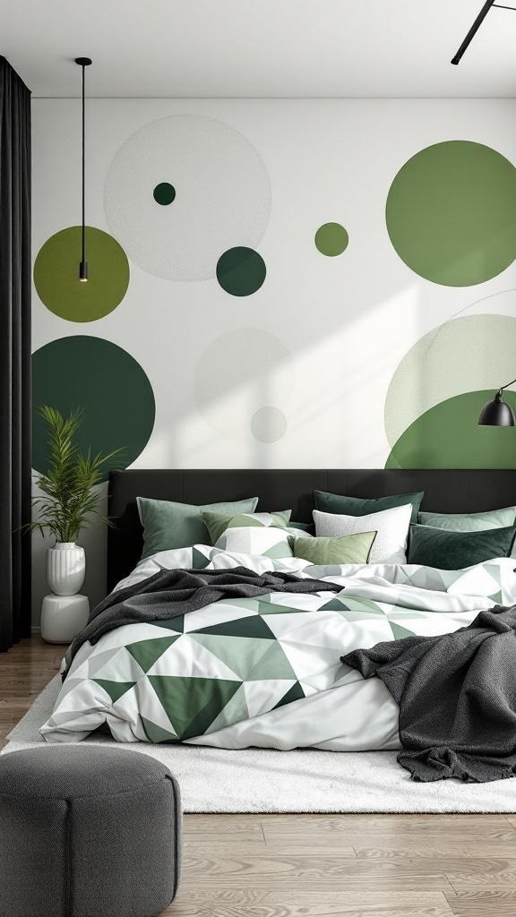 A modern bedroom with green and black geometric patterns on the wall and bedding.