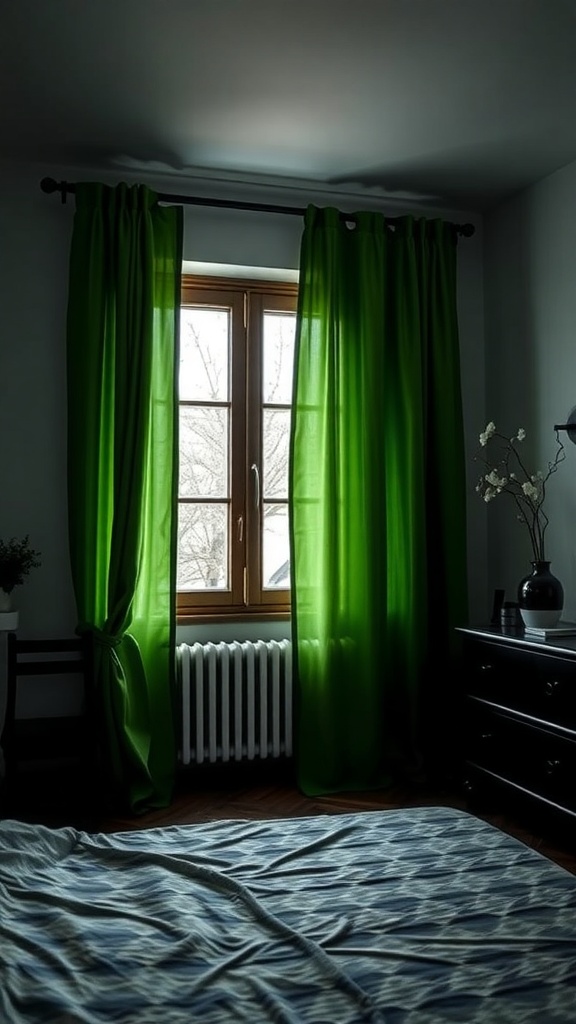 A bedroom with vibrant green curtains framing a window, showcasing a cozy and fresh look.