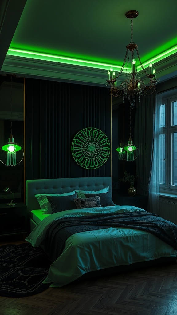 A stylish black and green bedroom featuring green lighting fixtures, including a chandelier and pendant lights.