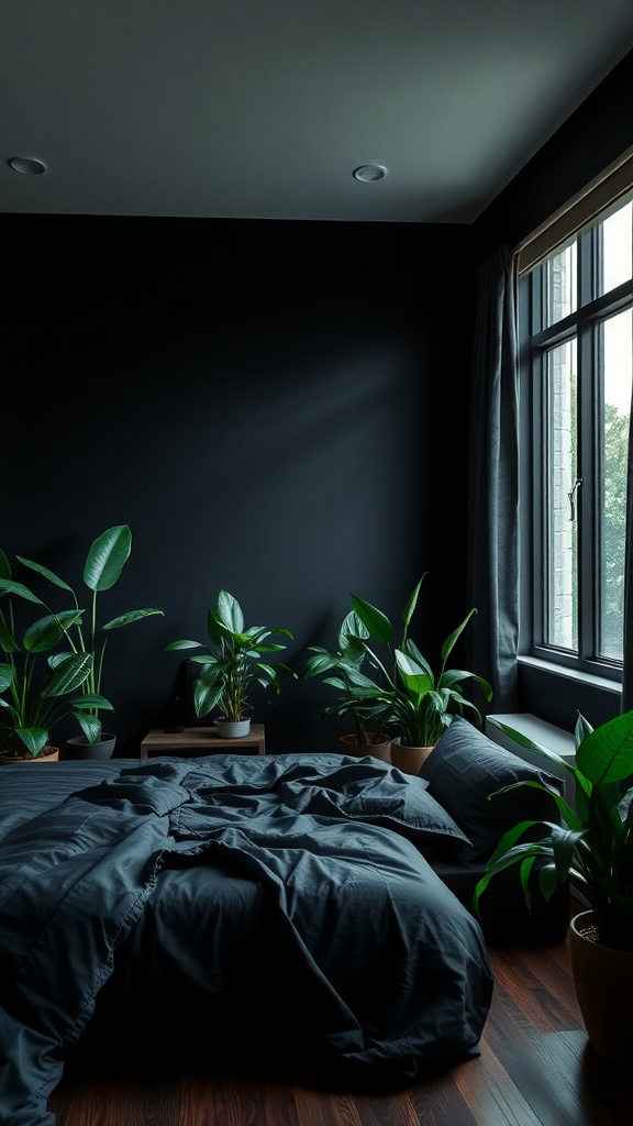 A black and green bedroom featuring lush green plants, a dark bedspread, and natural light coming through the window.