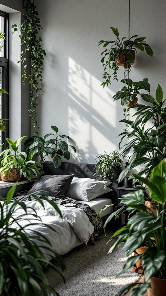 A cozy bedroom filled with green plants, showcasing a bed with gray bedding and a peaceful atmosphere.