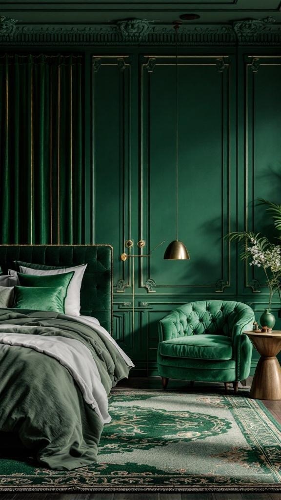 A luxurious green velvet bedroom featuring a plush bed, a velvet chair, and rich green walls.