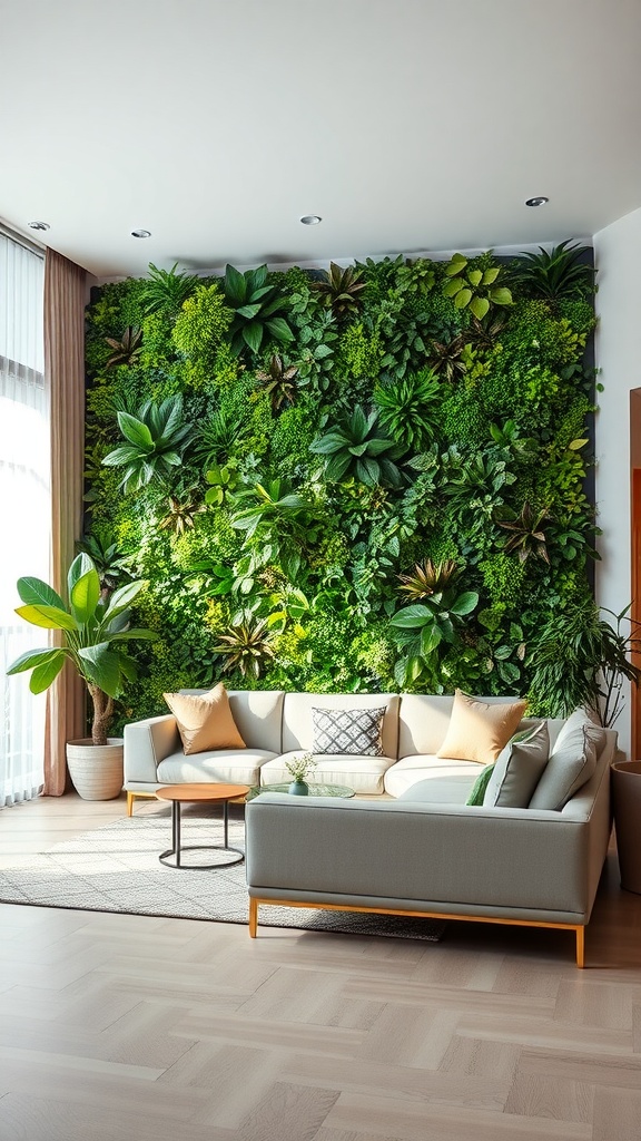 A living room featuring a lush green wall with various plants, complemented by a cozy sofa and warm decor.