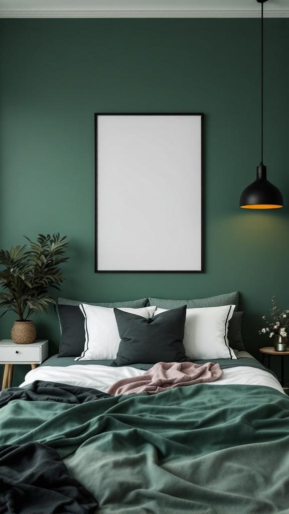 A cozy bedroom with green wallpaper, black accents, and a neatly made bed.