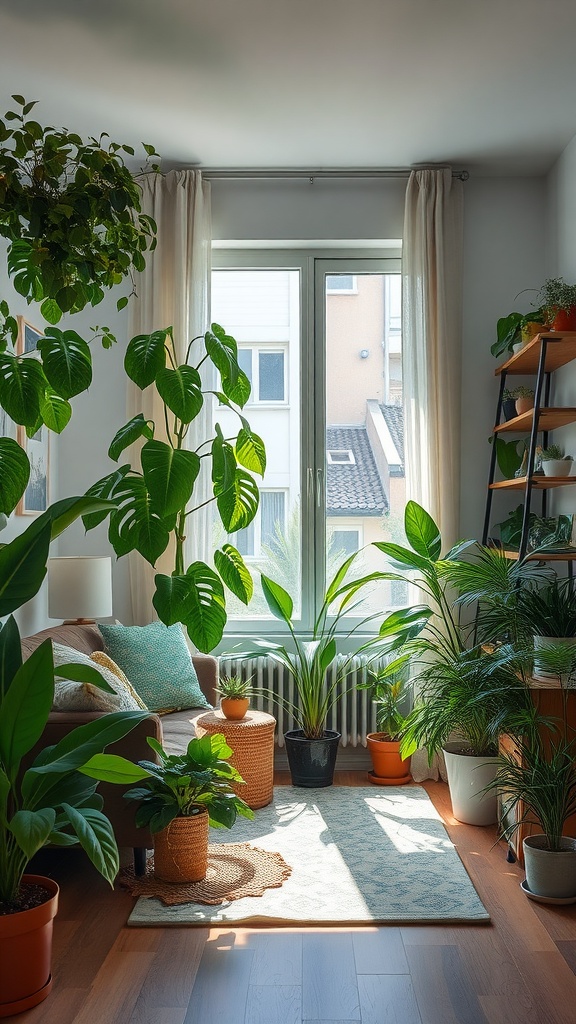 A cozy living room filled with various indoor plants near a window, featuring a comfortable couch and natural light.