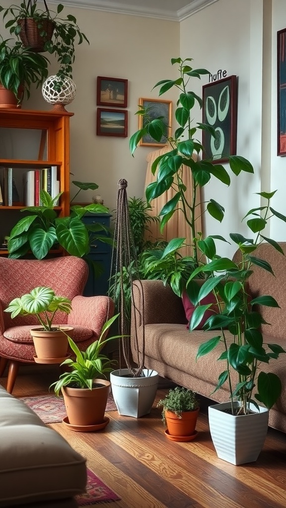 A vintage living room filled with various houseplants, showcasing a cozy and inviting atmosphere.