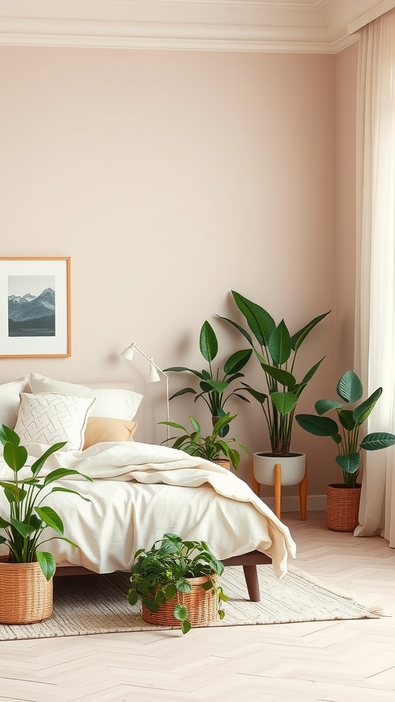 A beige aesthetic bedroom featuring various indoor plants in stylish pots.