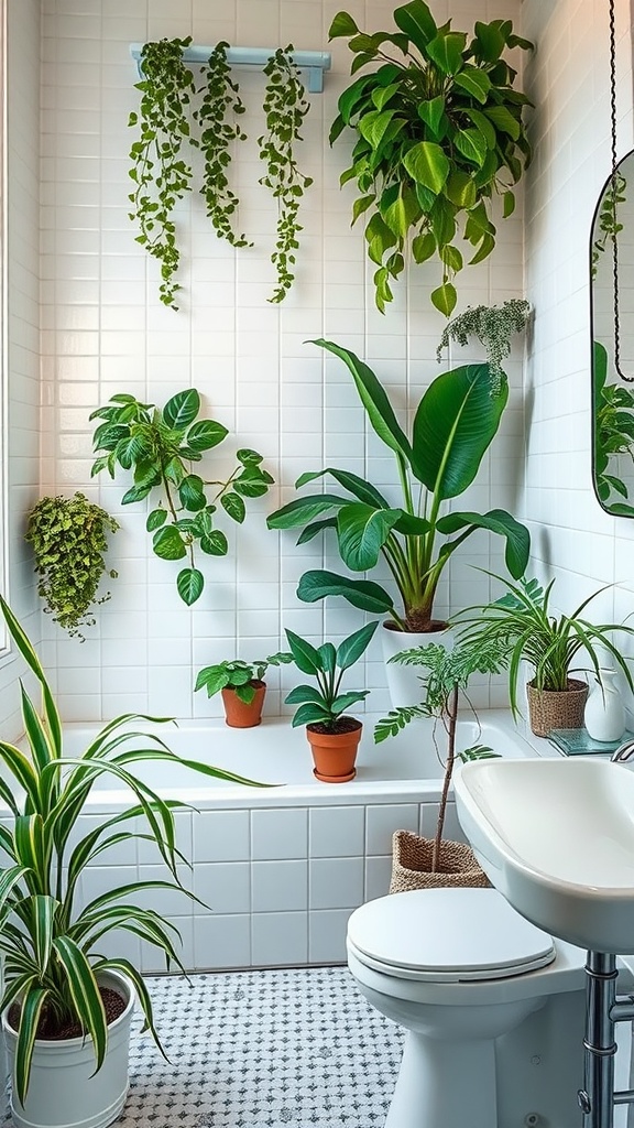 A bathroom filled with various hanging and potted plants, creating a fresh and lively atmosphere.
