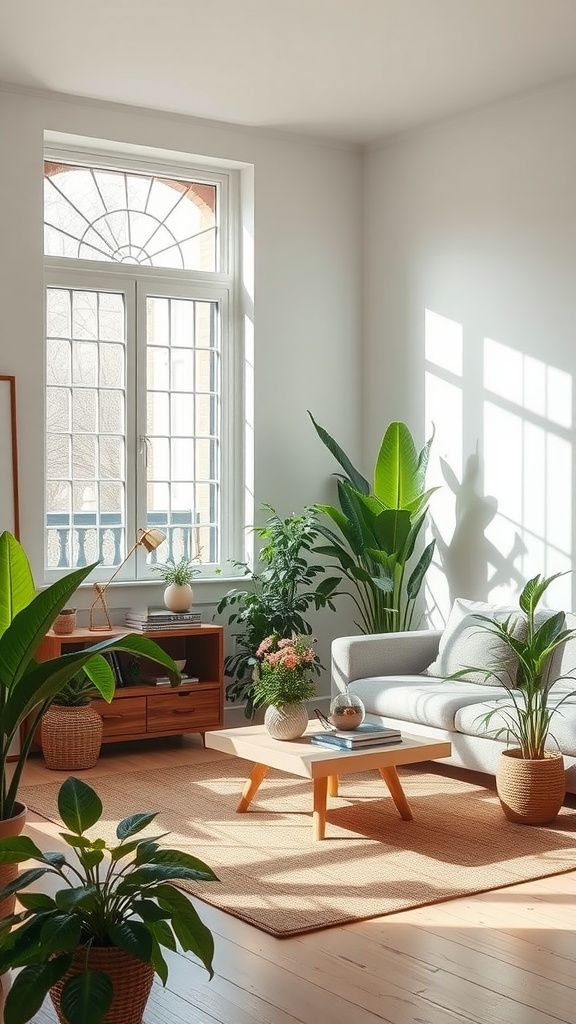 A minimalist living room featuring various indoor plants, a light sofa, and a wooden coffee table, illuminated by natural light from a large window.