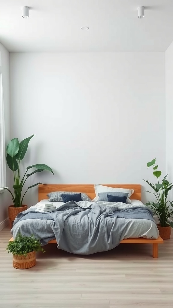 A minimal bedroom with a bed covered in gray and blue linens, surrounded by greenery in pots.