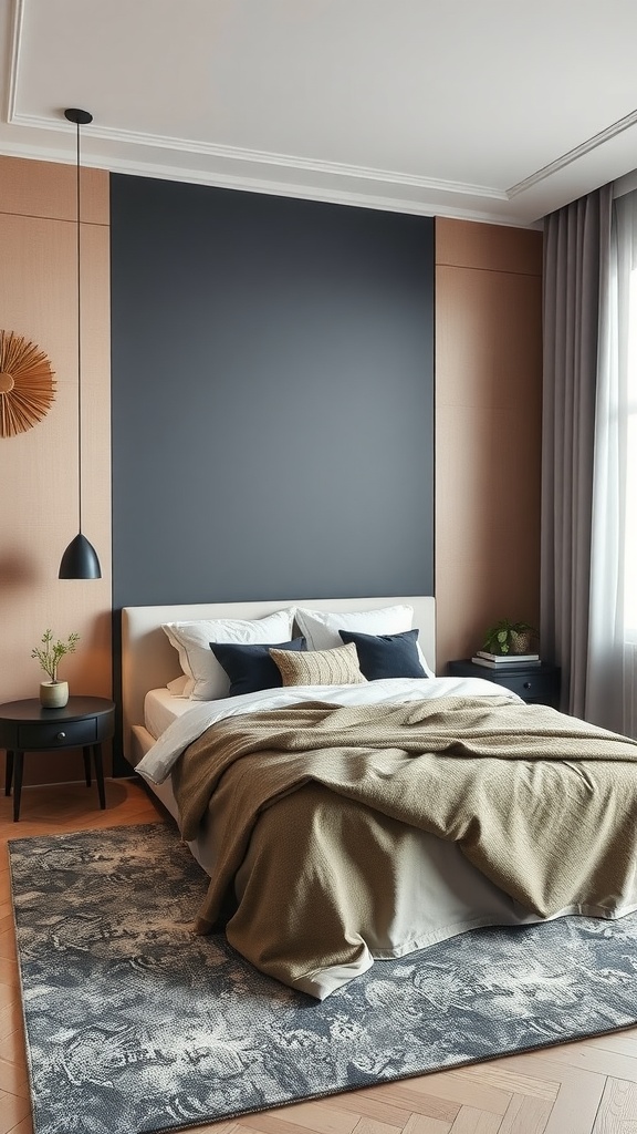 A modern bedroom featuring a grey and beige color block design with a cozy bed, stylish pillows, and elegant decor.