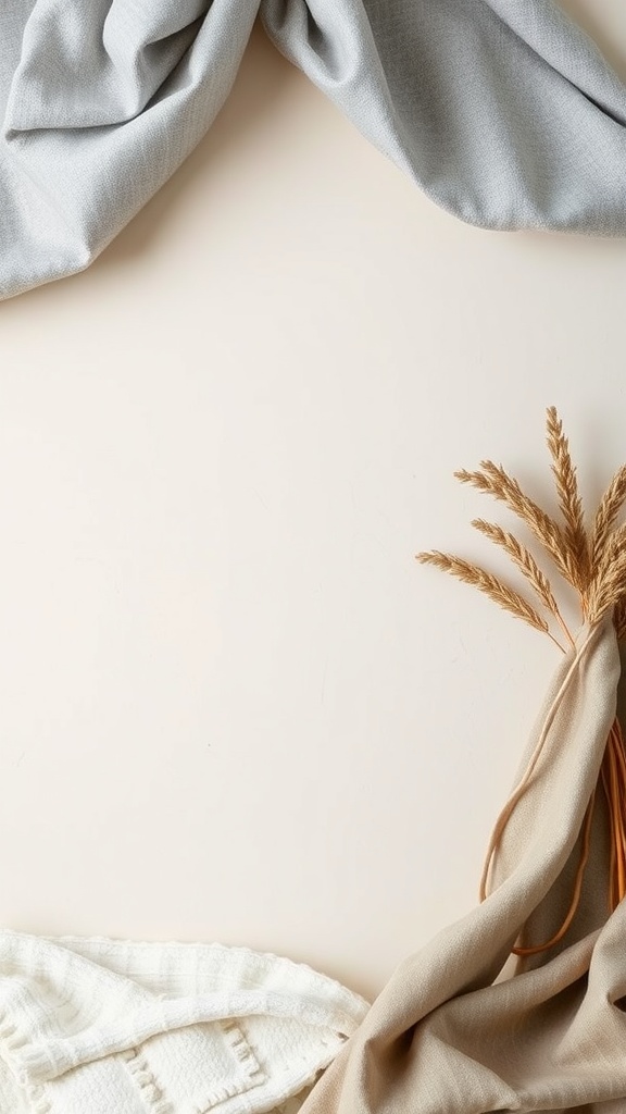 A soft grey fabric draped alongside beige textiles and dried wheat, showcasing a calming color palette for bedroom decor.