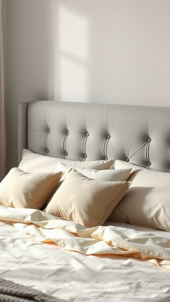A grey tufted headboard with beige linens and pillows on a bed