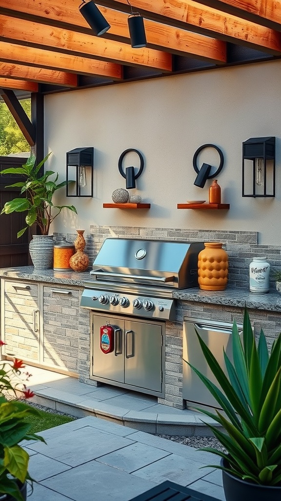 Stylish outdoor grilling station with stainless steel grill and decorative elements.
