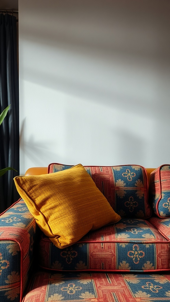 A 70s style living room couch with vibrant patterned upholstery and a golden pillow.