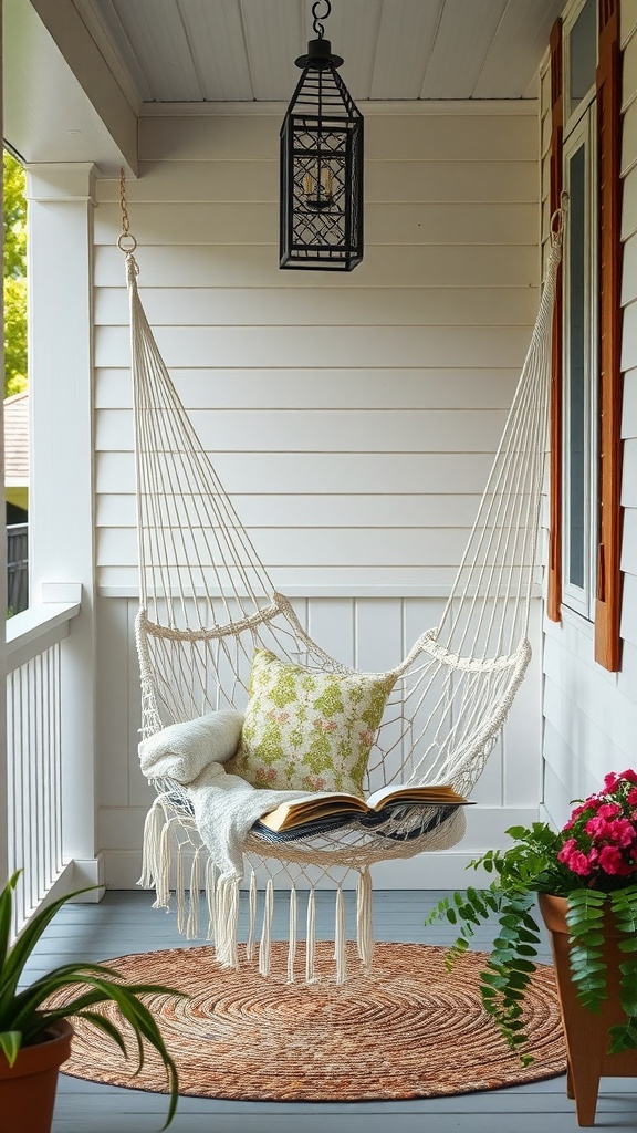 A cozy hammock chair on a small porch with a lantern above, surrounded by plants and a rug.