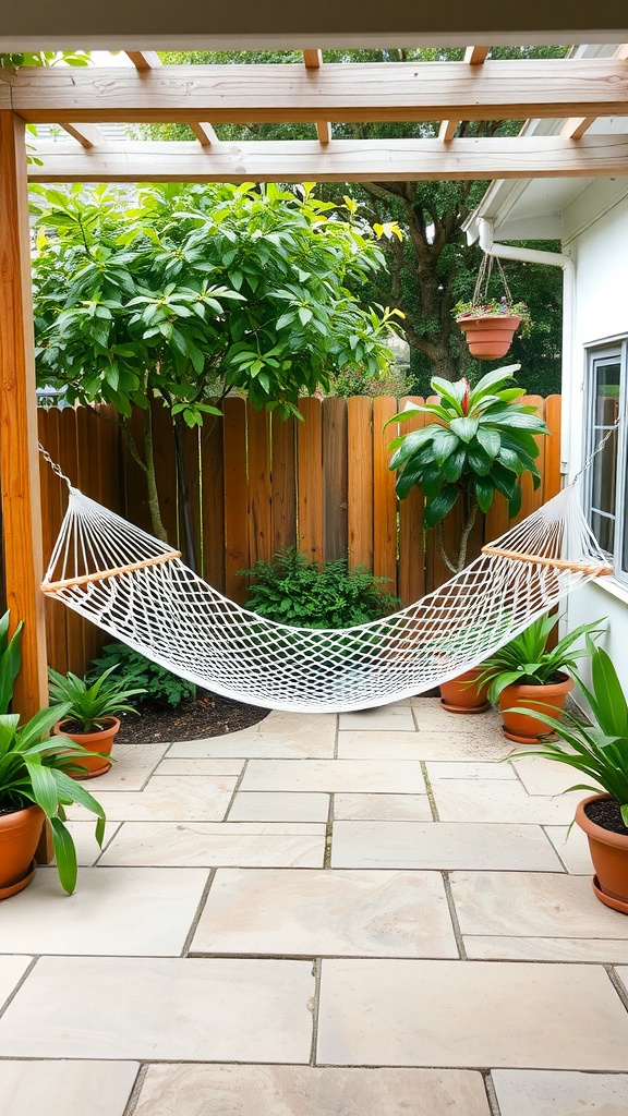 A small back patio featuring a white hammock, potted plants, and wooden beams.