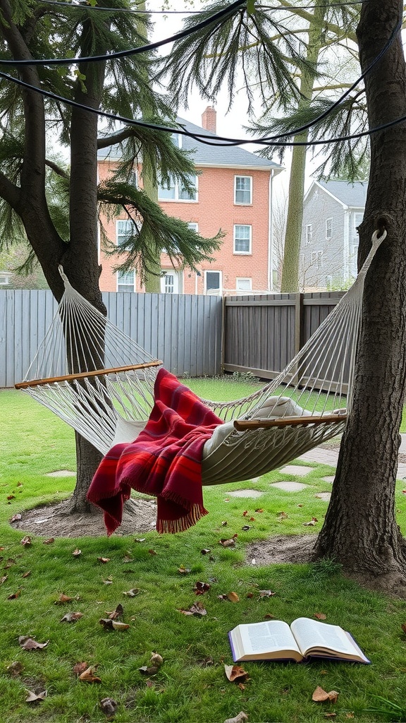 A hammock draped with a red blanket between two trees in a backyard, with a book lying on the grass.