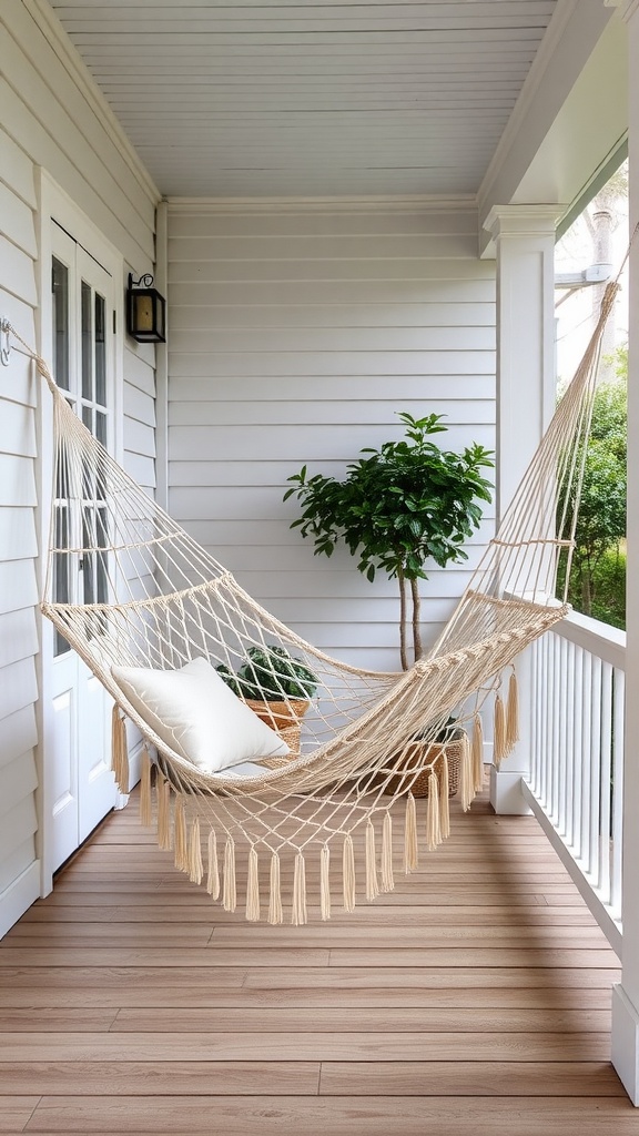 A cozy hammock on a porch with a plant and a pillow.