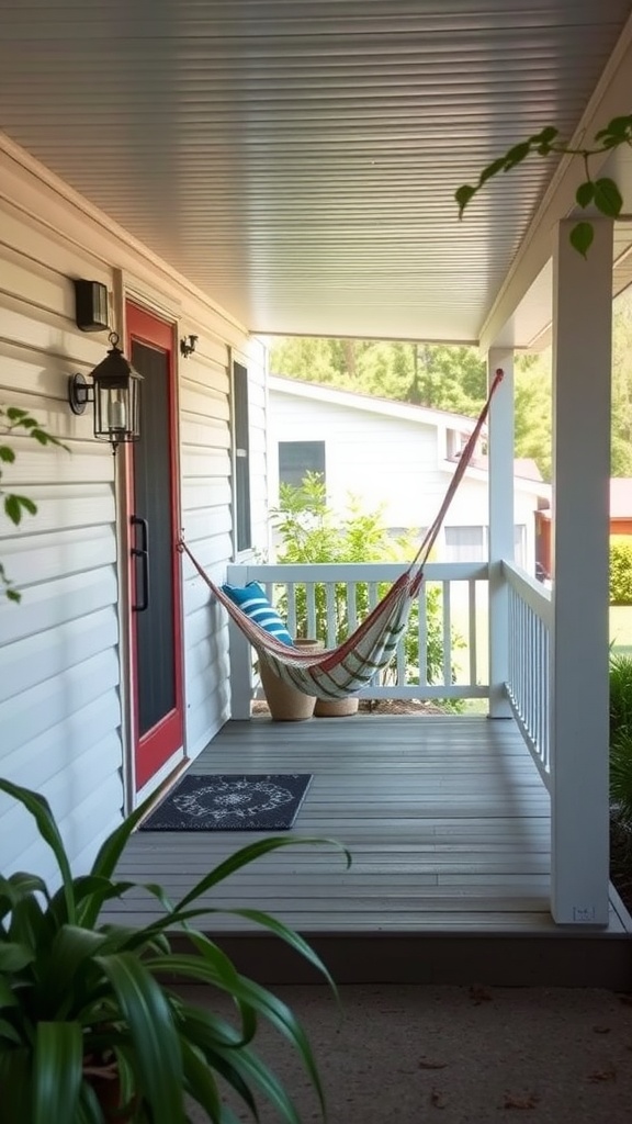 A back porch with a hammock, potted plants, and a cozy atmosphere