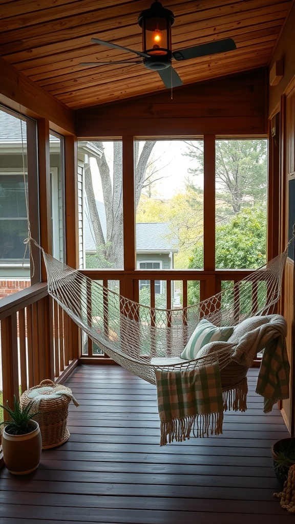 A cozy hammock setup on a screened-in back porch with soft pillows and a warm blanket.