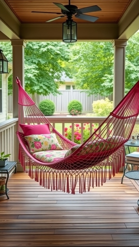 Cozy hammock nook on a back porch with colorful cushions and potted plants
