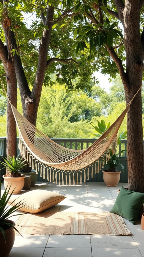 A hammock strung between two trees on a back patio, surrounded by potted plants and cushions.