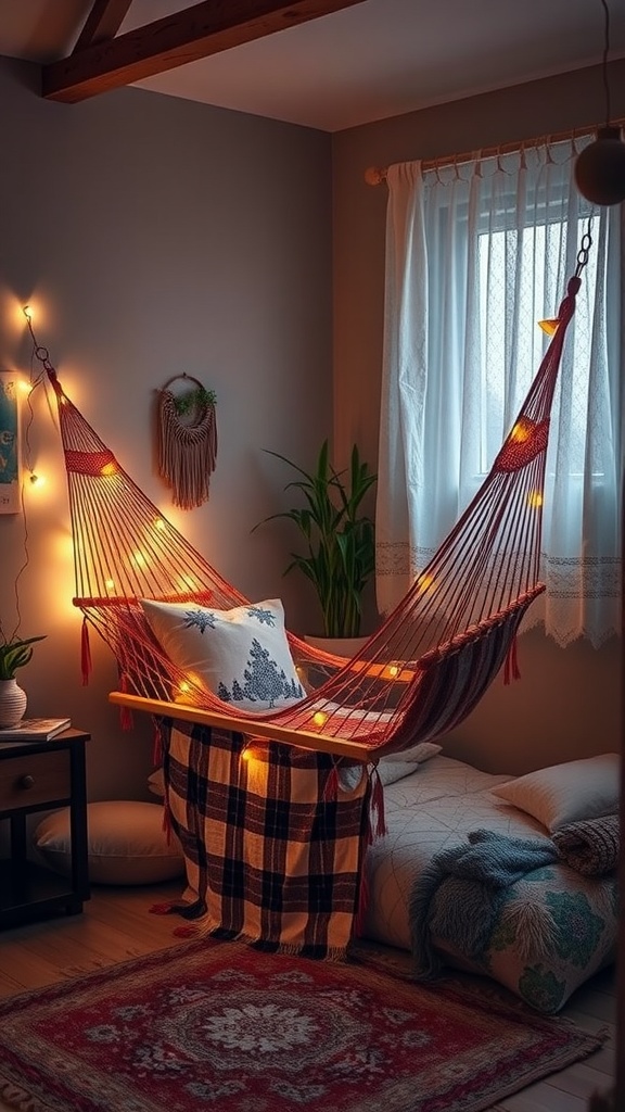 A cozy hammock with fairy lights in a boho bedroom, surrounded by soft pillows and a vibrant rug.