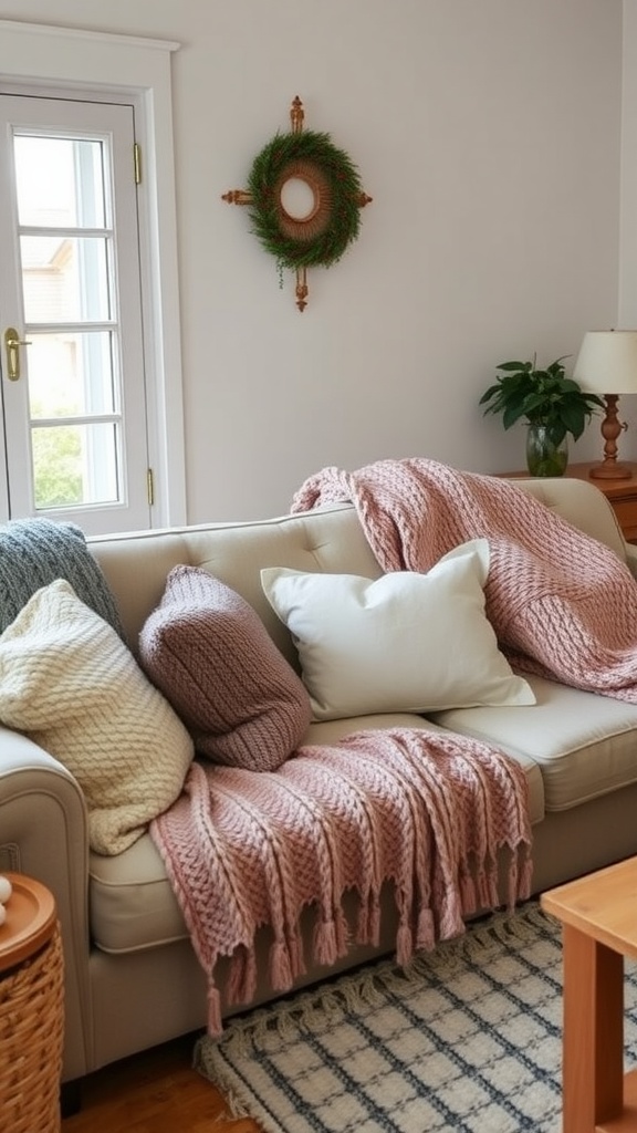 A cozy living room featuring hand-knit throws and pillows on a beige sofa, decorated for a cottagecore aesthetic.