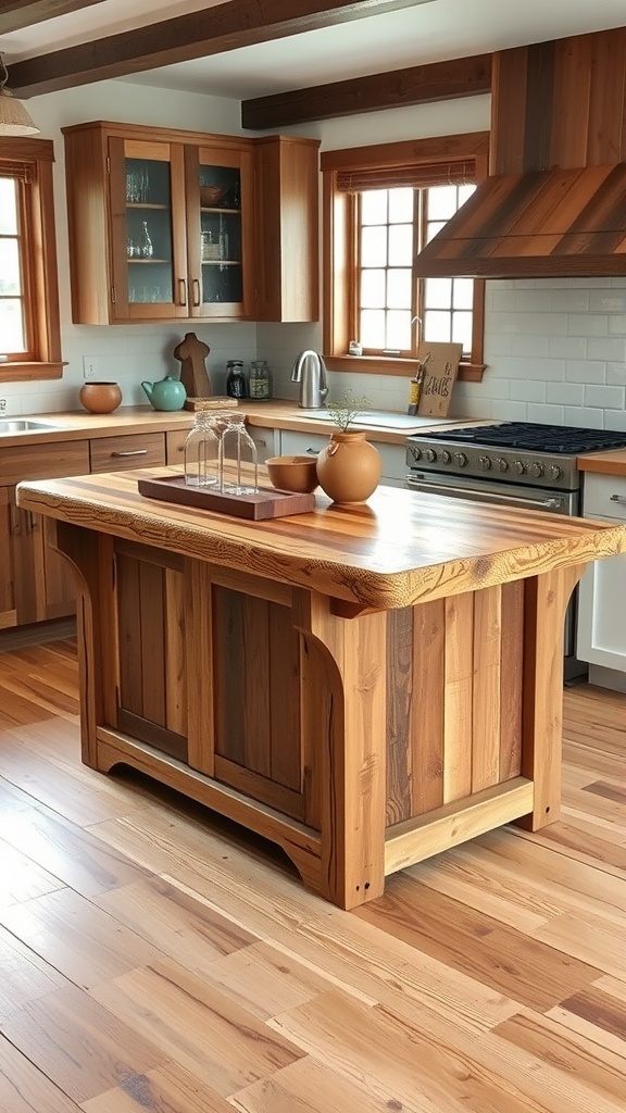 A rustic kitchen with a handcrafted wooden island, wooden cabinets, and a cozy atmosphere.