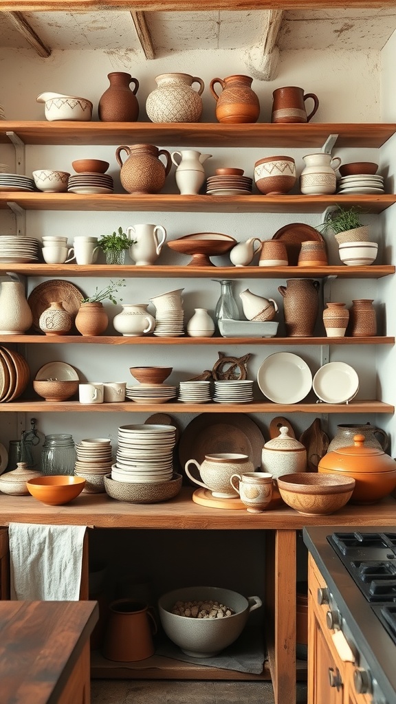 Shelves filled with handcrafted pottery and ceramic dishes in a cozy kitchen.