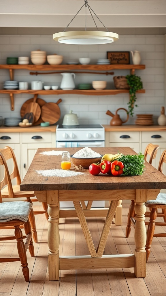 A cozy farmhouse kitchen featuring a handcrafted wooden dining table with fresh ingredients on it.