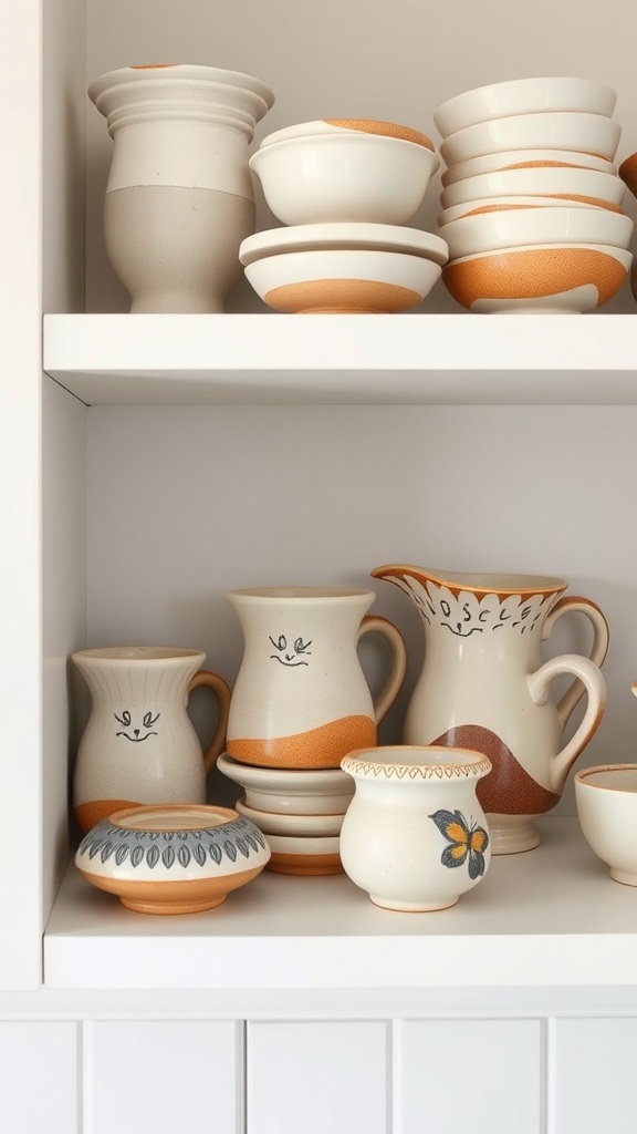 A collection of handmade pottery on a shelf, including various bowls, mugs, and a pitcher with charming designs.